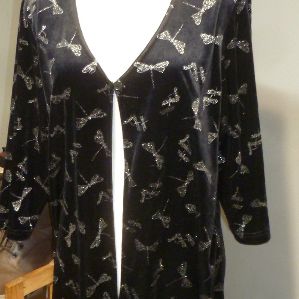 Vintage  Open front Velour Tunic  Long Sleeves dragon flies silver prints SZ 1X